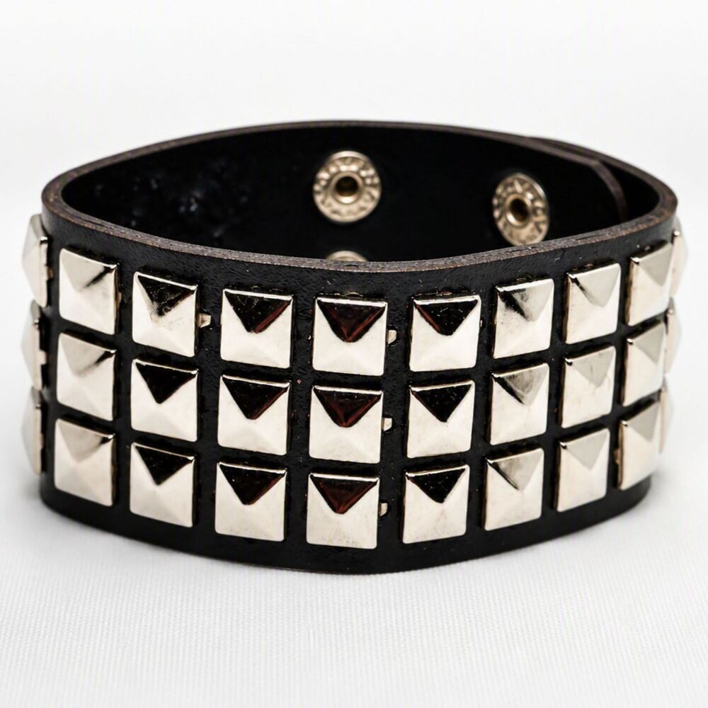 Black Faux Leather Silver Tone Metal Pyramid Stud Punk Rock Bracelet 6" - 7.25"